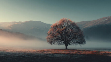 Hyperrealistic scene of a solitary tree standing in a foggy meadow with soft sunrise light, evoking tranquility, solitude, and atmospheric morning beauty.
