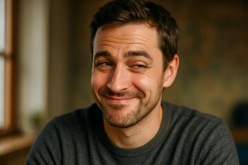 Obraz premium Smiling young man with playful expression in cozy indoor setting