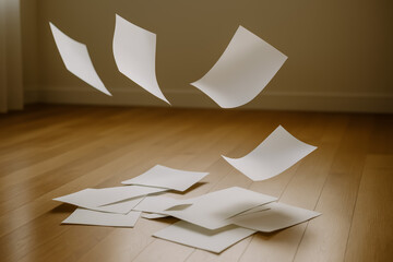 Floating papers above scattered sheets on wooden floor