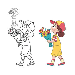 Joyful young girl holding a vibrant bouquet of flowers walking with bubbles floating isolated on transparent background