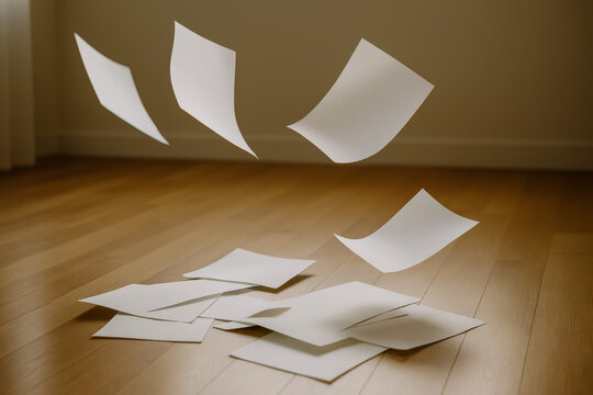 Floating papers above scattered sheets on wooden floor