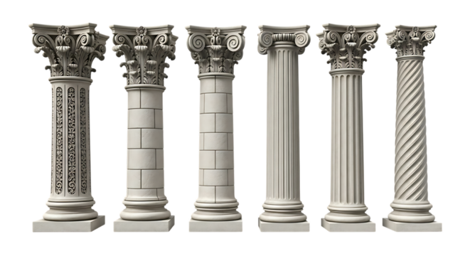 Six classical architectural columns with varied decorative shafts and capitals, isolated on a white or transparent background, cutout, PNG