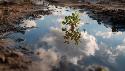 Fototapeta premium Mirror reflecting the sky on newly planted sprout landscape outdoors nature.