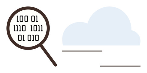 Magnifying glass inspecting binary data alongside a cloud, representing data storage, processing, and digital research. Ideal for technology, cybersecurity, cloud computing, data management, coding