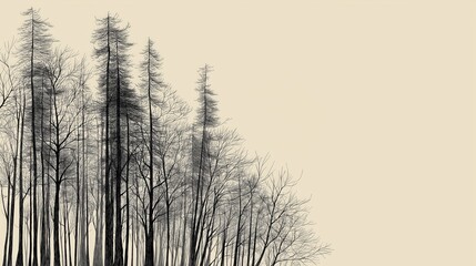 Generative AI, Highly Minimal Abstract Background with Elegant Black Ink Forest Line Art