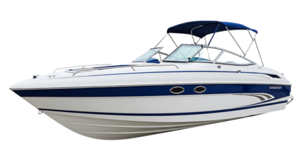 White and blue speedboat with navy blue canopy and windshields, isolated on a white or transparent background, cutout, PNG