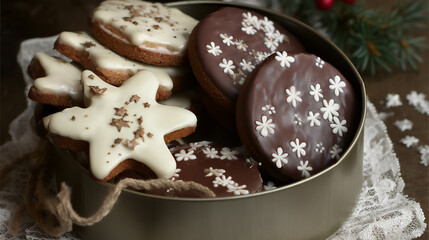 Festive assortment of iced holiday cookies in a tin, perfect for gifting, featuring star and round shapes.
