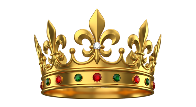 Ornate Golden Royal Crown with Red and Green Jewels and Diamond Accent, isolated on a white or transparent background, cutout, PNG