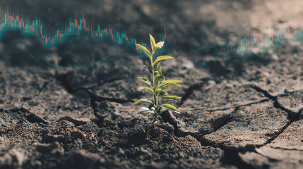 Resilient plant amidst cracked earth, symbolizing growth with an overlay of data charts against a stark arid backdrop.