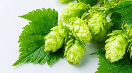 A cluster of green leaves with a few white flowers on them. The flowers are small and delicate, with a hint of yellow in their center. The leaves are lush and vibrant