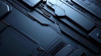 Close-up of futuristic dark blue metallic surface with intricate details and textures, showcasing geometric shapes and modern industrial design elements. - Powered by Adobe