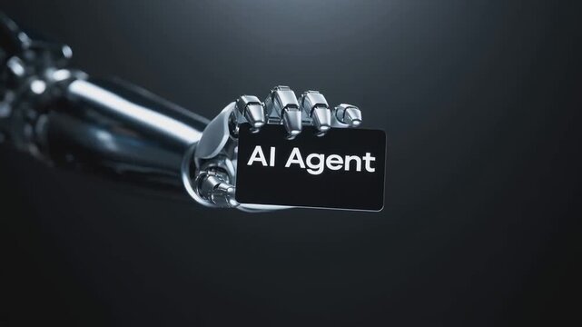 Chrome robotic arm holding a black card with "AI Agent" text, symbolizing artificial intelligence customer support or service. - Powered by Adobe