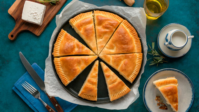 Greek cuisine - Kaseropita - a pie with "kaseri" cheese. Top view