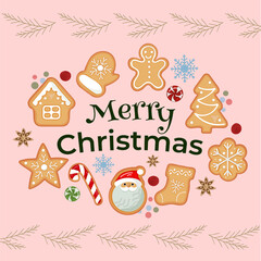 Cute Merry Christmas greeting with festive Gingerbread cookies, Santa, snowflakes, candy cane, and holiday decor on a pastel background. Perfect for cards, wrapping, posters, or invitations.