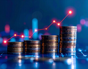 Stacks of coins with a glowing red digital line graph superimposed, representing financial growth and technology in a blue abstract background