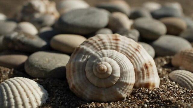 Cinematic Close-Up of Shells and Stones Arranged as Navigational Memory Aids