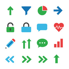 Set of colorful flat design vector icons arrow lock chart symbol web graphic up down left right filter pie heart pencil