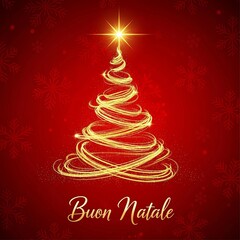 Handgemalte Weihnachtskarte mit einem Weihnachtsbaum und Frohe Weihnachten auf italienisch geschrieben.Buon Natale.Merry Christmas in italian.