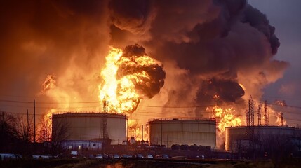 Industrial oil tanks burning with large explosions and smoke