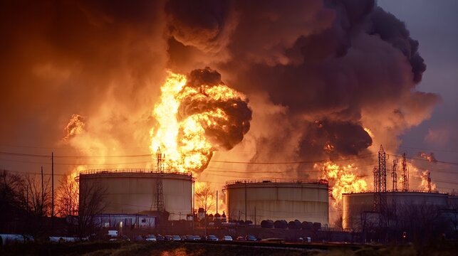 Industrial oil tanks burning with large explosions and smoke