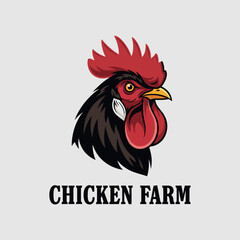 A stylized logo of a rooster's head for a chicken farm, featuring a red comb and black feathers on a grey background.