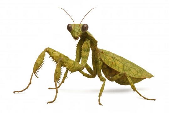 Green praying mantis, blending in with a leaf, perched on a clear backdrop. Demonstrating nature's stealth and ability to adapt