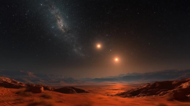 Alien world with two suns and a glowing galaxy. Distant exoplanet landscape under a binary star system in deep space.
