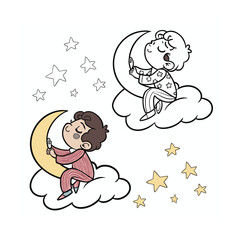 Dreamy children in pajamas sitting on clouds with crescent moon and stars isolated on transparent background