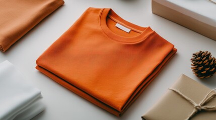 New orange blank t shirt, gifts, and pine cone arranged on white surface