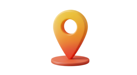 3 D Rendered Orange and Yellow Gradient Location Pin Icon with Circular Base, isolated on a white or transparent background, cutout, PNG