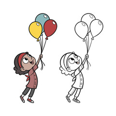 Joyful child holding colorful balloons contrasts with dark shadow figure isolated on transparent background