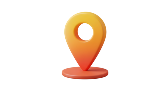 3 D Rendered Orange and Yellow Gradient Location Pin Icon with Circular Base, isolated on a white or transparent background, cutout, PNG