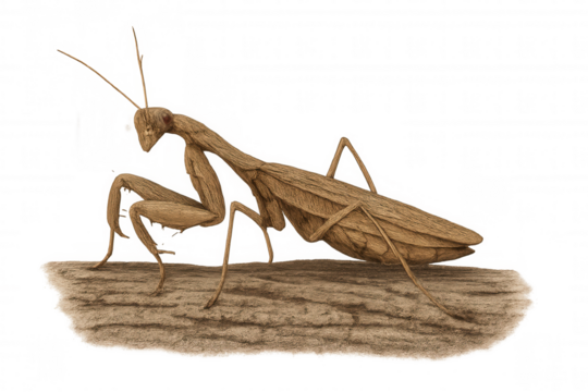 Praying mantis sculpture crafted from wood, standing on a log, depicting nature, art, and camouflage on transparent background