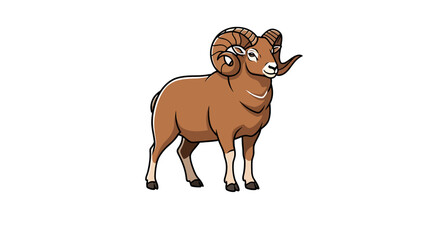 A detailed illustration of a majestic brown ram with large curved horns standing proudly on a white background.