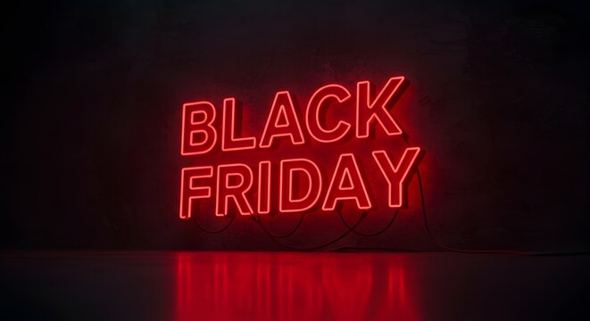 Illuminated Black Friday neon sign, a symbol of shopping deals. The sign glows brightly against the dark backdrop, creating a striking visual