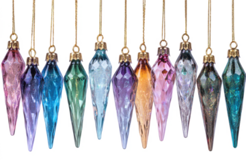 Collection of colorful glass icicle ornaments hanging on gold strings perfect for Christmas tree decoration