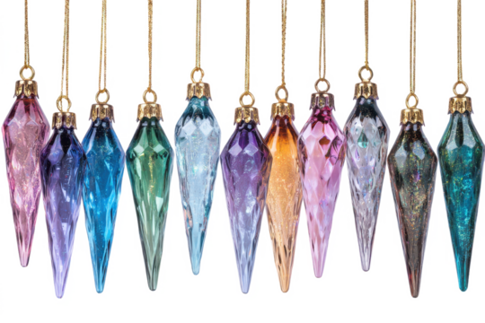 Collection of colorful glass icicle ornaments hanging on gold strings perfect for Christmas tree decoration