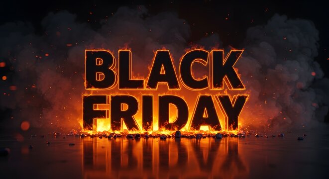 Black Friday fire-effect lettering on a dark surface, creating a dramatic and eye-catching promotional design. The image conveys excitement and urgency, drawing attention to the sales event. 