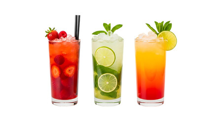 Three tall glasses filled with colorful refreshing cocktails garnished with fruits and mint leaves, isolated on a white or transparent background, cutout, PNG