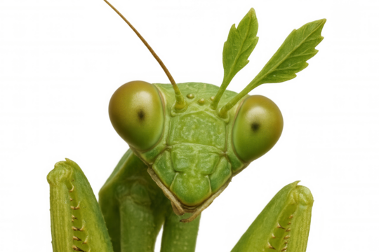 Praying mantis close-up with large compound eyes, looking forward, showcasing insect anatomy on transparent background