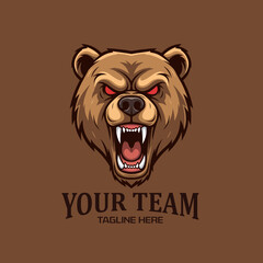 Aggressive Grizzly Bear Head Logo with Red Eyes and Open Mouth.