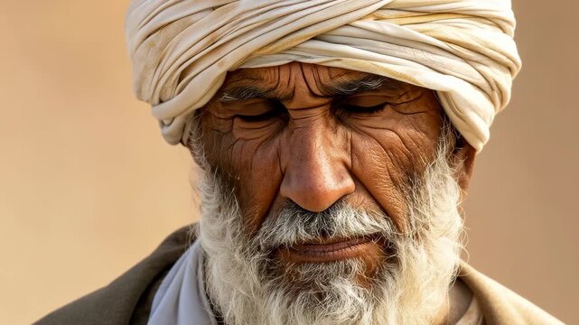 Wisdom of the Ages: A poignant portrait captures the weathered face of an elderly man, his eyes reflecting a lifetime of experience, adorned with a traditional turban.