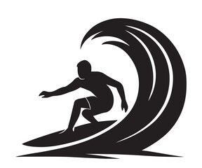 Surfer Silhouette Vector – Surfing Man Riding Big Wave Illustration, Ocean Sports Graphic Design