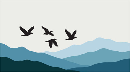 Flying Birds Silhouette Over Mountains – Minimal Landscape Vector Illustration with Blue Layered Hills
