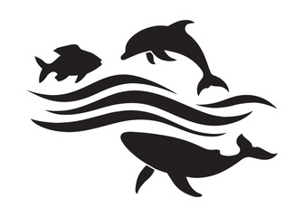 Marine Life Silhouette – Dolphin, Whale, and Fish Vector Illustration with Ocean Waves