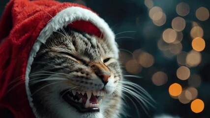 Festive cat in santa hat enjoying holiday cheer with twinkling lights