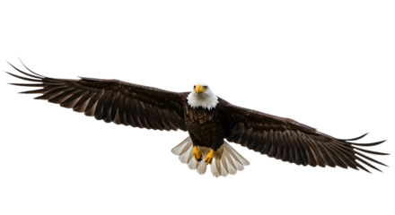 Bald eagle soaring with wings fully spread isolated on white background, symbol of freedom and strength