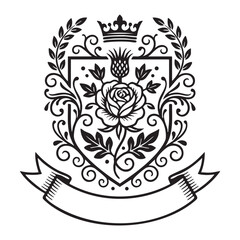 Fototapeta premium Ornate Heraldic Crest with Rose, Thistle, Crown, and Flourish Frame Engraving Vector