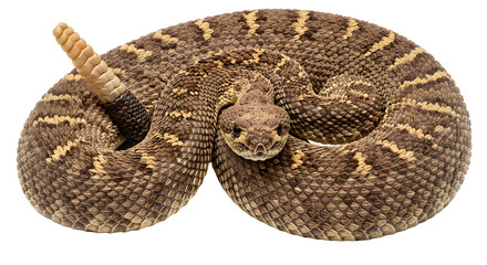 Close-up of a coiled western diamondback rattlesnake isolated on white background, perfect for wildlife, reptile, or nature-related projects