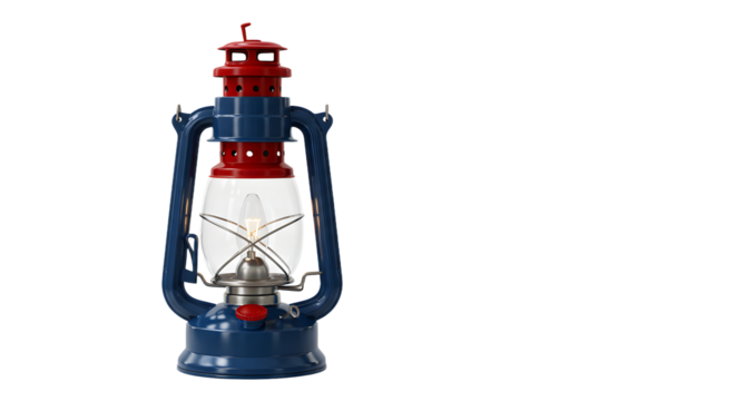 Blue and red vintage kerosene lantern isolated on white background for camping, hiking, and outdoor adventure